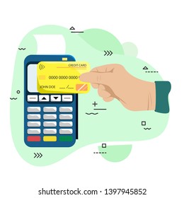 Flat illustration of the payment terminal and credit card. Hand with bank card near POS terminal. Wireless, contactless. POS terminal. Flat vector illustration