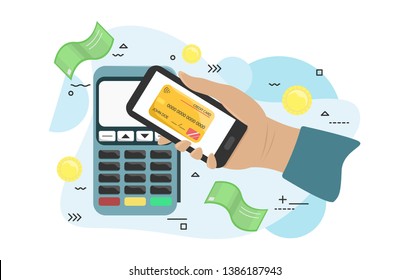 Flat illustration of the payment terminal. Vector pos terminal confirms the payment by smartphone. Hand with smartphone near POS terminal. Flat vector illustration