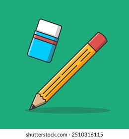 Flat illustration of a pencil and eraser in cartoon style. School item stationary concept