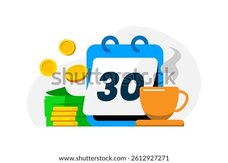 flat illustration of pension plans, passive income or retirement. stack of money, calendar, and a cup of coffee, symbolizing financial freedom, monthly income, and relaxed lifestyle