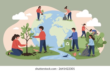 Flat illustration of people actively participating in tree planting, and recycling for World Environment Day. Ideal for environmental campaigns, CSR reports, educational materials