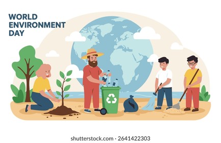 Flat illustration of people actively participating in tree planting, and recycling for World Environment Day. Ideal for environmental campaigns, CSR reports, educational materials