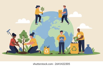 Flat illustration of people actively participating in tree planting, and recycling for World Environment Day. Ideal for environmental campaigns, CSR reports, educational materials