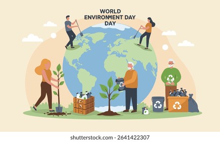 Flat illustration of people actively participating in tree planting, and recycling for World Environment Day. Ideal for environmental campaigns, CSR reports, educational materials