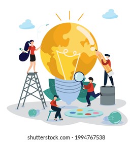 Flat illustration People are brainstorming creative ideas to bring modern innovations to the world. such as searching for information reading books and doing