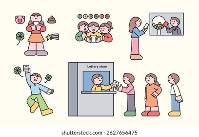 Flat illustration of people buying lottery tickets, checking numbers, and dreaming of winning. Includes lucky icons like clovers and stars.