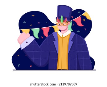 Flat Illustration of People celebrates mardi gras carnaval with wearing costume and face masks. 
can be used for postcard, banner, poster, greeting card, print, web, etc.
