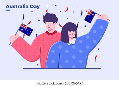 Flat illustration People Celebrating Australia Day at 26 January with People Holding Australian National Flag and with Confetti, Greeting Australia Day Design, Postcard, Flat Design.