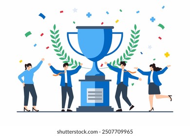 Flat illustration of people celebrating successful project milestone with trophy and confetti