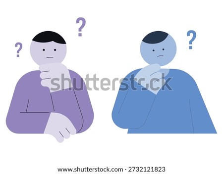 Flat illustration of people characters thinking and feeling confused, minimal modern style with question mark elements, concept of doubt, decision making and problem solving.