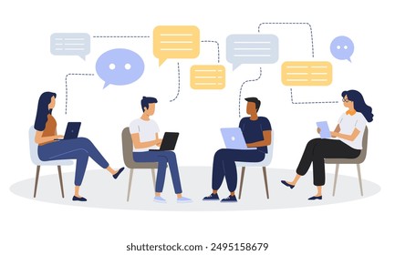 Flat illustration people with computers. Men and women with laptops. Dialogue and communicate at workplace between colleagues