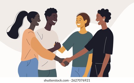 Flat illustration of people with different skin colors. Men and women shake hands. African Americans. Happy friends.