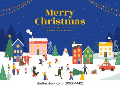 Flat illustration of people enjoying Christmas holidays outdoors in snow. Concept of winter landscape and Xmas Eve. Suitable for card and event poster.