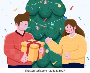 Flat illustration of People giving a Christmas present to Other People with a happy face. People celebrating Christmas Together. Can be used for greeting card, postcard, web, invitation, banner,poster