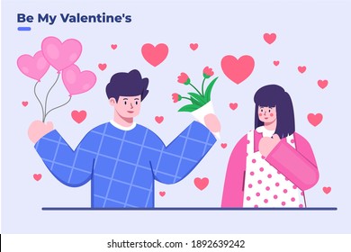 Flat illustration People Giving Valentine's Present to Girlfriend at valentine day, Giving Flower and Hearth Balloon at Valentine, Couple Celebrate Valentine Day, Romantic couple person, Give bouquet.