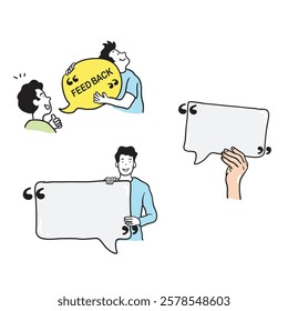 flat illustration of people grab a bubble text and feed back text