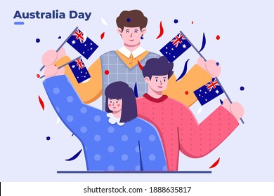 Flat Illustration of People Group  Celebrating Australia Day With Bring Australia National Flag and Falling Confetti, Festive Australia Day, Australian National Holiday, Greeting Card, Banner Postcard