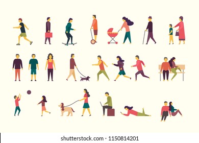 Flat illustration of people groups outdoor in the park on weekend.