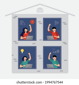 Flat illustration, people are having remote video conference in covid-19 situation. This makes them work at home without having to travel to the office to reduce the spread of infection.