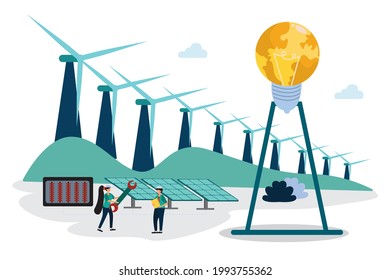 Flat illustration of people helping to take care of wind and solar power generation, a modern innovation that helps make the world cleaner.