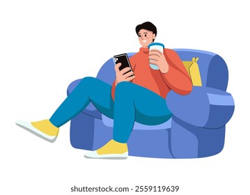 Flat illustration of people holding mobile phone. Men, women use cellphones, surfing internet, chatting. Character with smart phones in hands. Flat illustration isolated on white background.