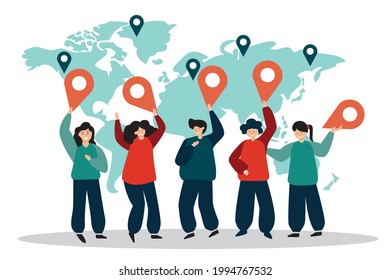 Flat illustration People lifting a large pin on the world map conveys that modern travel can be made easier with more accurate GPS navigation to the target.