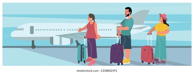 Flat illustration People men and women traveling with suitcases waiting for the plane 