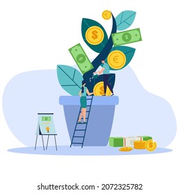 Flat Illustration People With Money Plant Growing, Vector Illustration Ready For Print T Shirt Design, Web Icon Symbol Design