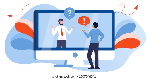 flat illustration people online business conclusion of the transaction, startup via phone and laptop. Business meeting, conference with boss, manager. people discuss ,digital meeting, problem solving