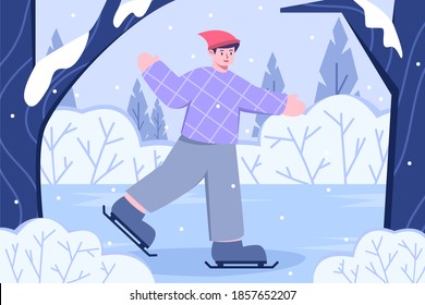 Flat illustration of people playing ice skating on the park at winter, Kid play ice skate, Person skating in winter season with snowy landscape, playing in the frozen lake, winter activity holiday.