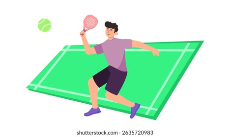 Flat illustration of people playing padel sport. Colorful vector set showing padel players in dynamic action poses on court.