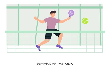 Flat illustration of people playing padel sport. Colorful vector set showing padel players in dynamic action poses on court.