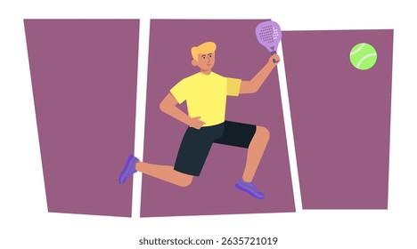 Flat illustration of people playing padel sport. Colorful vector set showing padel players in dynamic action poses on court.