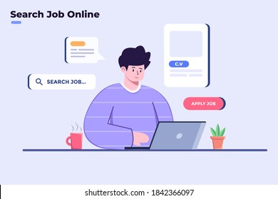 Flat Illustration People Search Job In Online Or Internet With Laptop And At Home. Person Apply Job In Online. Searching Work With Internet Technology.  Apply Jobs Online. Find A Job Online.