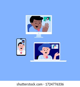 Flat illustration of people speaking via video call on the laptop, the smartphone and the monitor screen