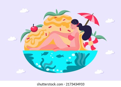 Flat illustration people sunbathing in large ice cream cones It's a summer break at the beach. Under the sea there are beautiful fish and corals.