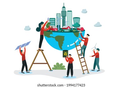 Flat illustration, people are using clean energy such as nuclear power, wind power, solar power and plant trees to produce air, making the world's environment better.