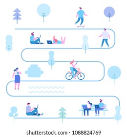 Flat illustration of people using gadgets walking outdoors in the park. 
People background characters. Flat vector illustration.
