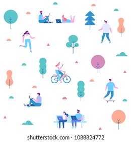 Flat illustration of people using gadgets walking outdoors in the park. 
People background characters. Flat vector illustration.
