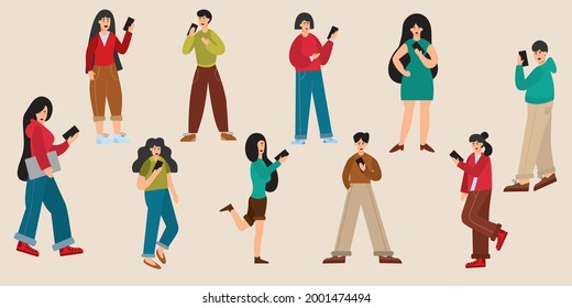 Flat illustration People are using mobile phones to surf the Internet, a modern tool that allows us to work anywhere, anytime.