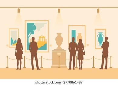 flat illustration of people visiting an art gallery with framed paintings and sculpture display. Minimalist composition with warm tones, suitable for cultural, educational, and museum-related themes.