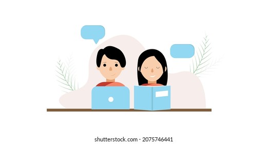 Flat illustration of people work in the office or remote, a girl and a boy in the library are studying, prepare for exams, working on a project. Light and light vector illustration. Timbuildig. Team.
