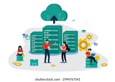 flat illustration people working together to save big data into cloud data This is a modern technology that allows you to store more data without having to carry a hard drive.