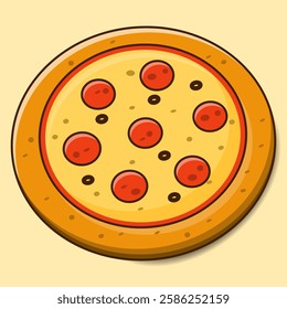 Flat illustration of a pepperoni pizza with a retro color palette. Simple, bold outlines and shading add depth to the classic fast-food design. Perfect for food-related projects.