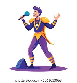 A flat illustration of a performer holding in mic 
