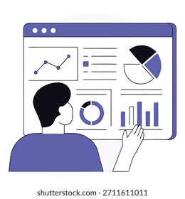 A flat illustration of a person analyzing charts, graphs, and statistics on a computer dashboard. Great for data analysis, analytics, tech, statistics, and business intelligence visuals.