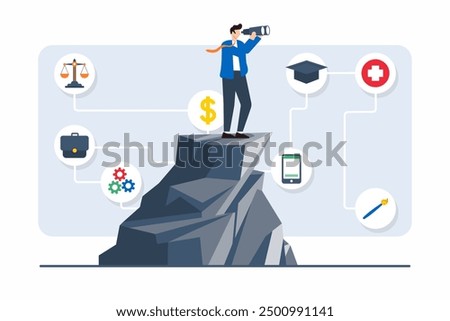 Flat illustration of person with binoculars looking at various career paths from high vantage point