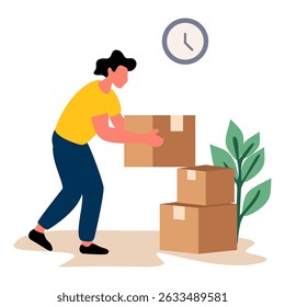 Flat illustration of a person carefully lifting a box. Suitable for UI kits, safe lifting guides, physical labor, or ergonomic advice. Highlights proper handling in moving and logistics.