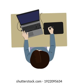 Flat illustration of person at desk with laptop and tablet