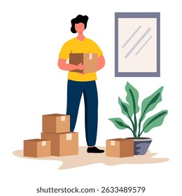 Flat illustration of a person holding a box and a plant next to a mirror. Ideal for UI kits, moving services, home delivery, or packing guides. Shows careful, organized relocation.